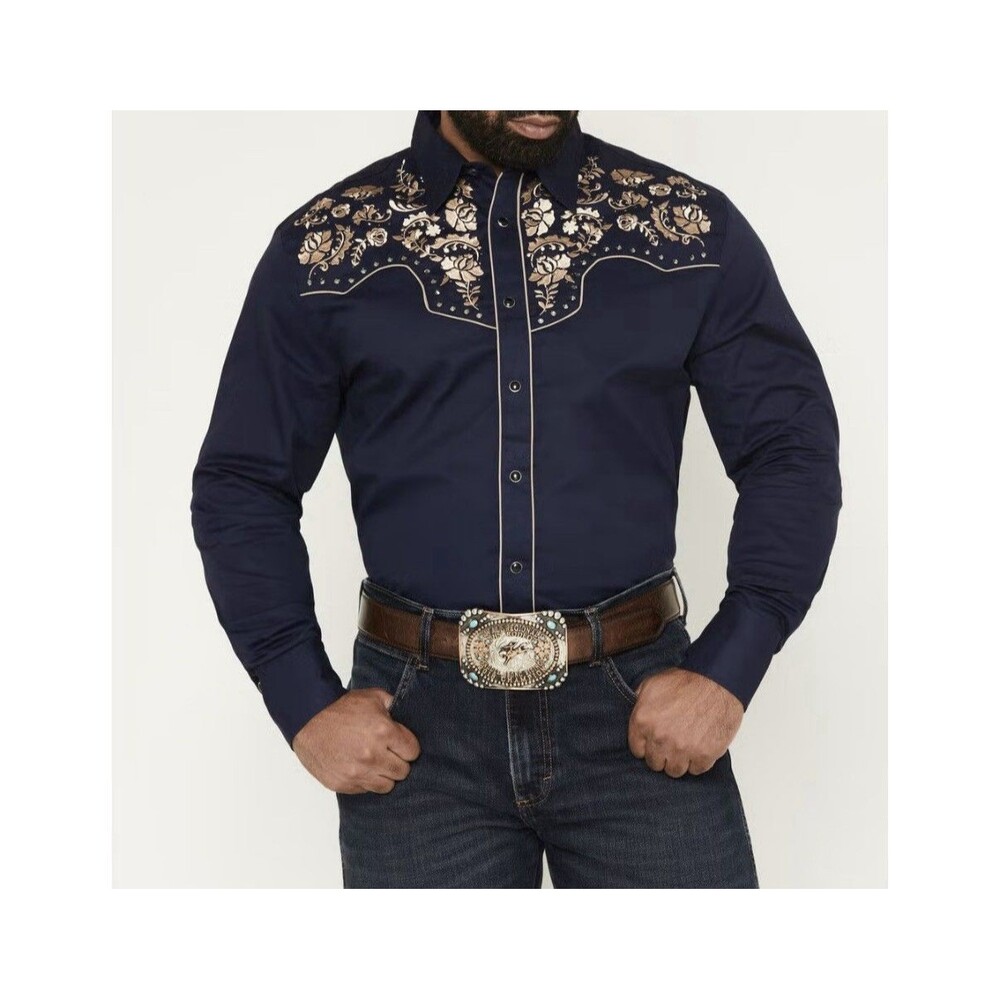 EUC Rodeo Clothing Men’s Embroidered western Long Sleeve Snap Shirt Navy XL